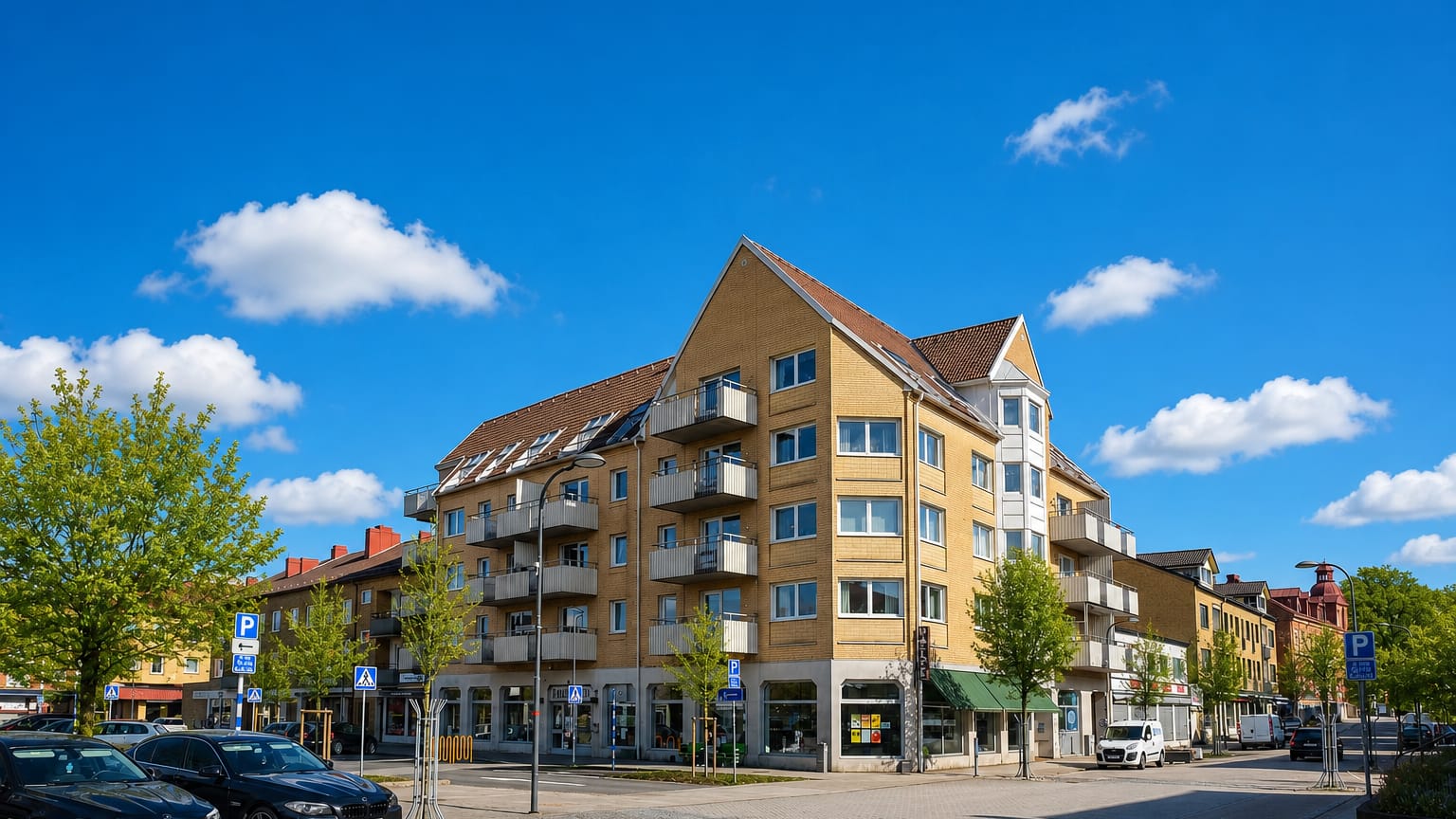Yellow-brick gabled apartment block on a quiet town-centre corner in Perstorp, Sweden, on a sunny day.