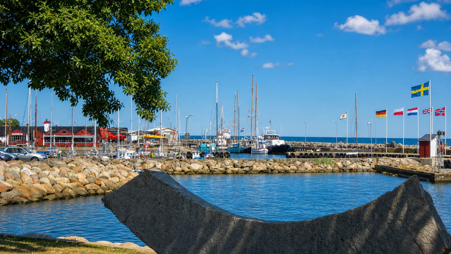 Simrishamn harbour, Sweden, with moored sailing boats, flags and a stone sculpture beside the calm blue water