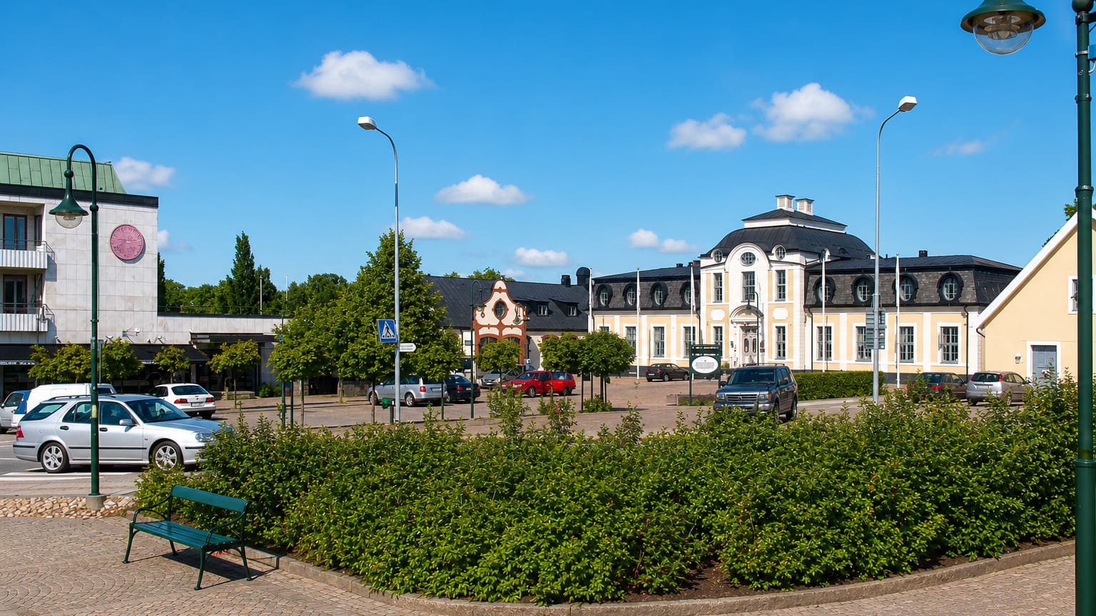 Sjobo town square with a grand cream manor building, clock facade, benches and clipped hedges in summer.