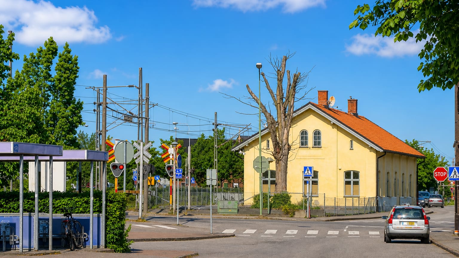 Sunny street scene in Skurup with a yellow railway station building, a level crossing and clear blue sky.