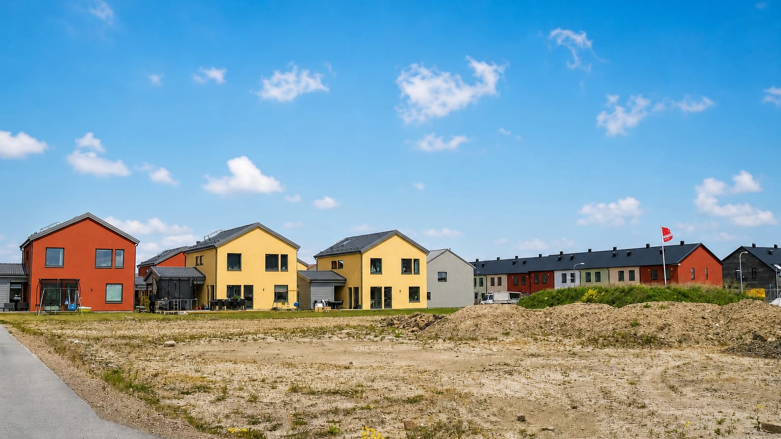 Colourful new-build houses beside a cleared building plot in a Staffanstorp housing area, Sweden.