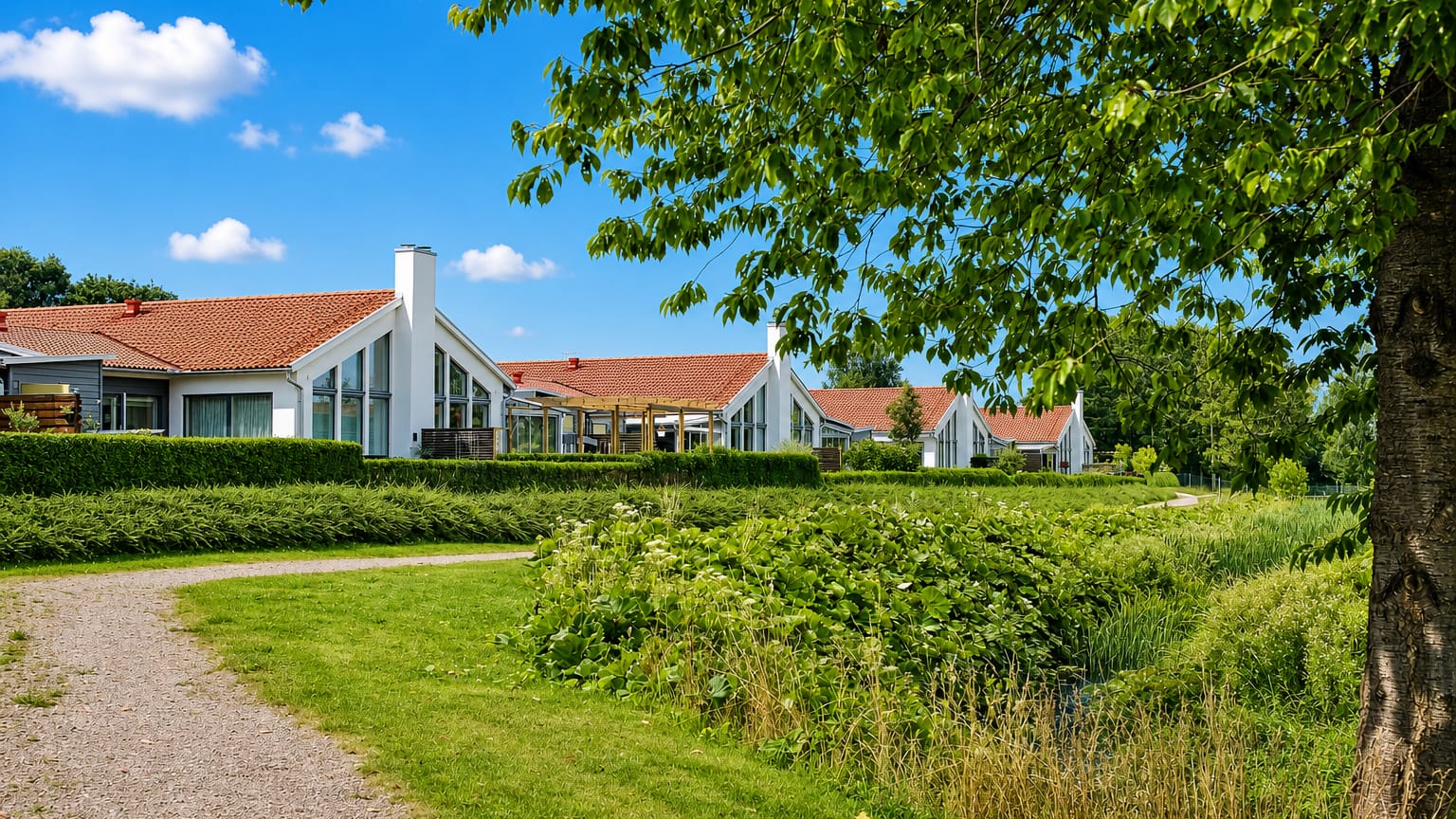 Modern white gabled houses with red-tiled roofs behind a hedge and gravel path in Svalöv, Sweden.
