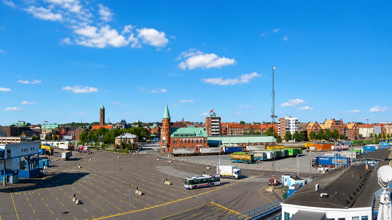 Trelleborg's harbour and port yard with the water tower and church tower on the skyline, Sweden