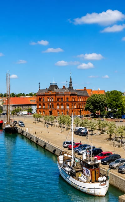 Ystad harbour, Sweden, with moored boats, a red-brick landmark building and the quayside under a bright blue sky.