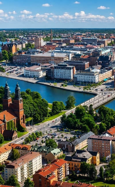 Aerial view of Eskilstuna, Sweden, with the river, bridge and church running through the town centre