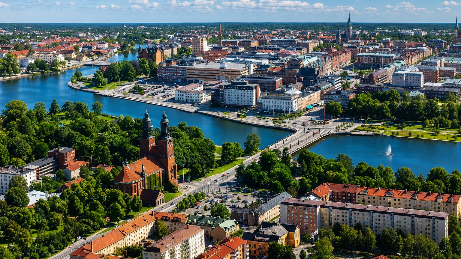 Aerial view of Eskilstuna, Sweden, with the river, bridge and church running through the town centre