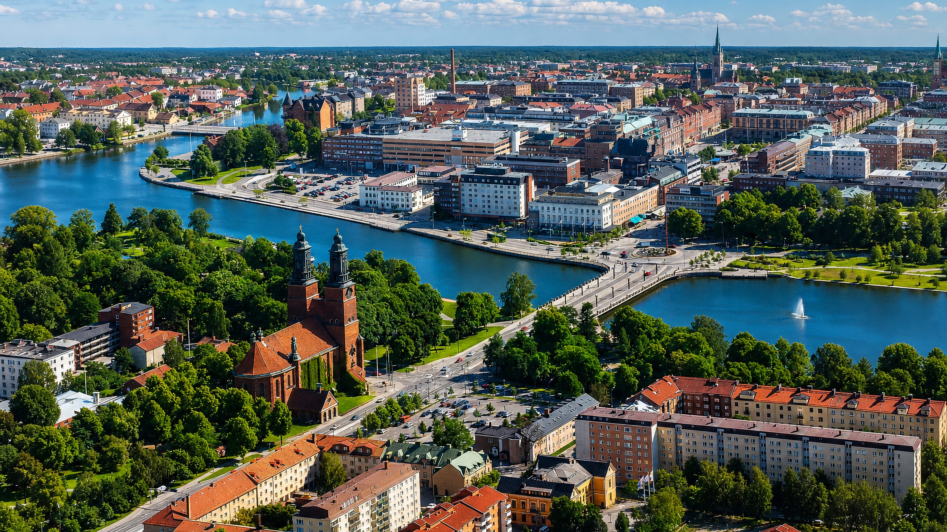 Aerial view of Eskilstuna, Sweden, with the river, bridge and church running through the town centre
