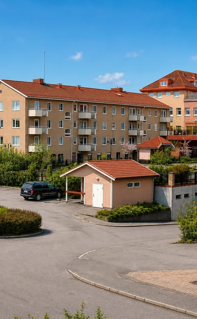 Central Flen, Sweden with apartment blocks, a library and restaurant, and a parking area.