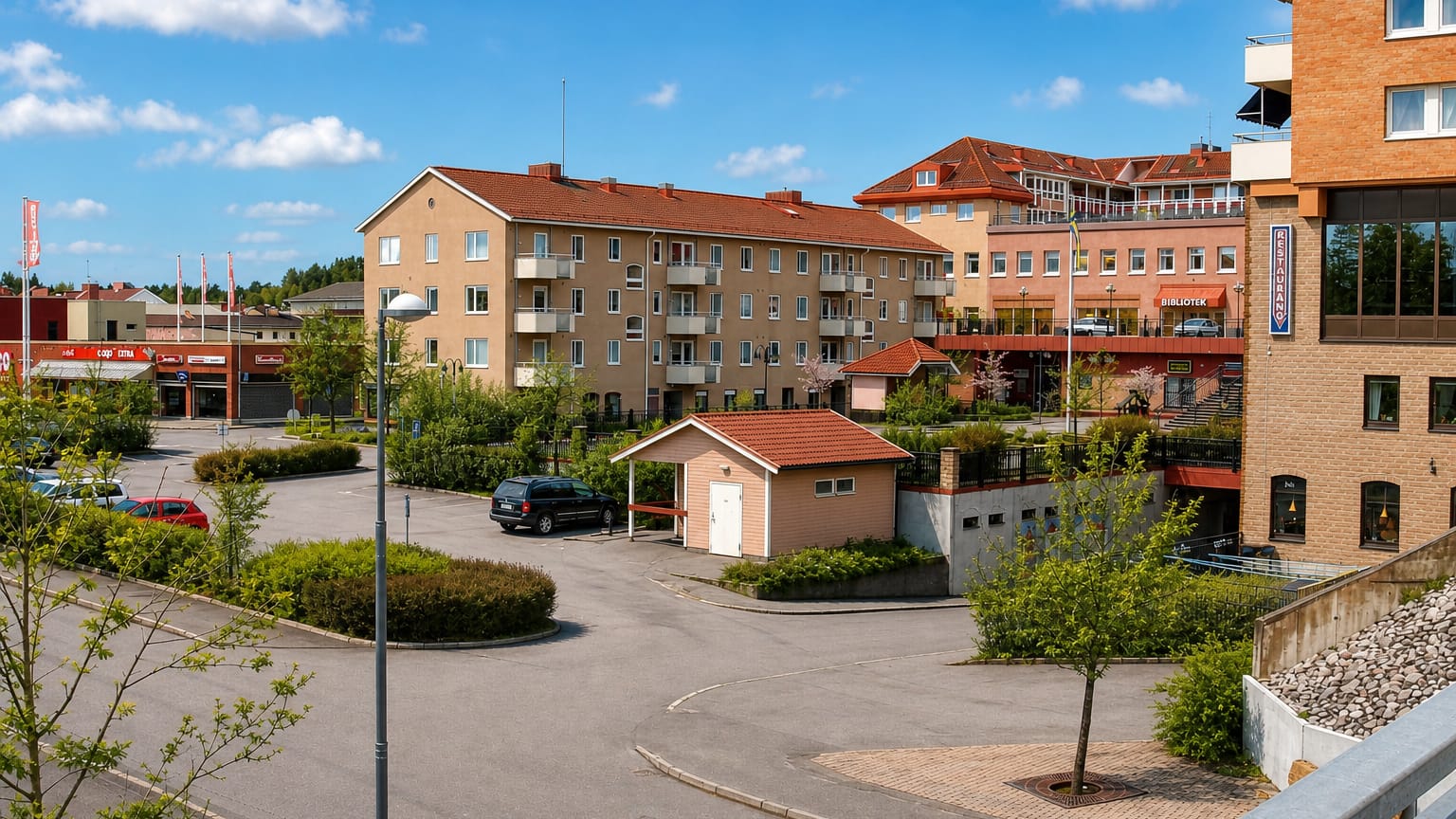 Central Flen, Sweden with apartment blocks, a library and restaurant, and a parking area.