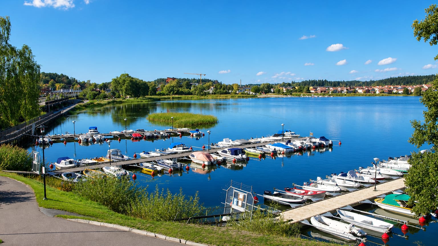 Small-boat marina with pontoons on the calm lake at Gnesta, Sweden, the town rising beyond on a clear summer day.