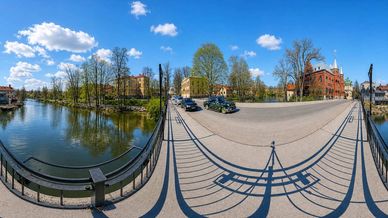 Fisheye river-bridge panorama in Nykoping, Sweden, with waterside old buildings and a red-brick turreted house.