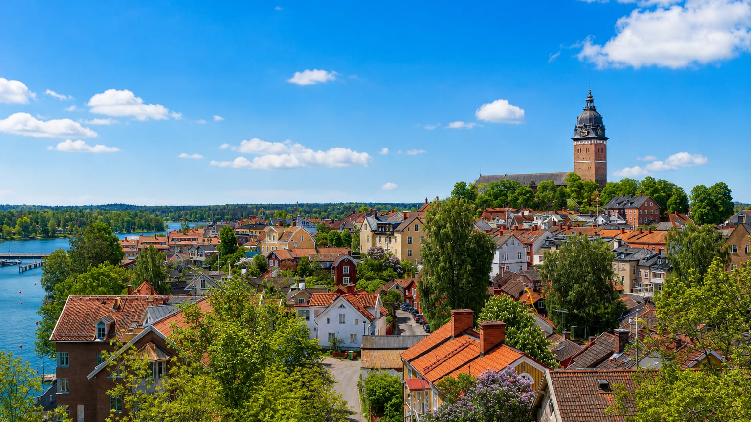 Rooftop view over Strängnäs, Sweden, its red-roofed old town rising to the large brick cathedral with Lake Mälaren beyond.