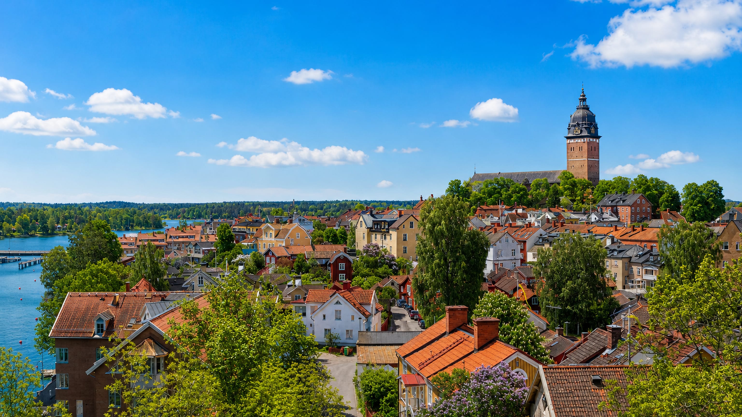 Rooftop view over Strängnäs, Sweden, its red-roofed old town rising to the large brick cathedral with Lake Mälaren beyond.