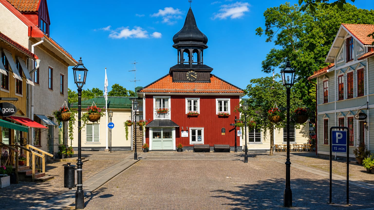 Trosa's red timber town hall with its black onion-domed bell tower rising over the cobbled main square, Sweden.