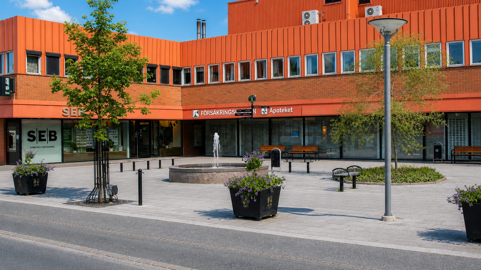 Vingåker town square with a fountain, flower planters and shops including a bank and pharmacy on a sunny day.