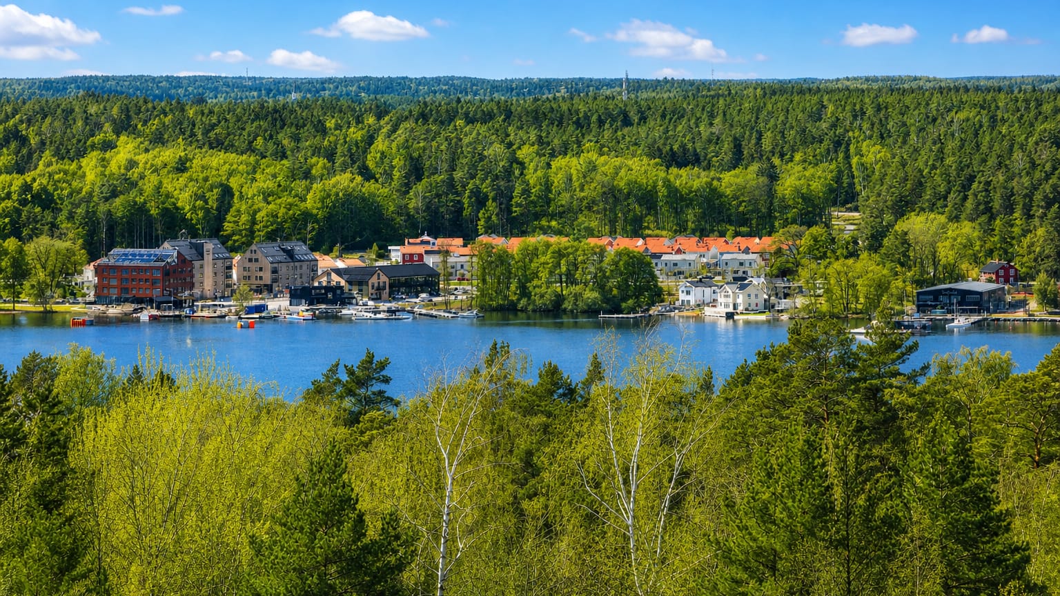 Lakeside village of Ekero, Sweden, with red-roofed houses along the shore framed by green trees