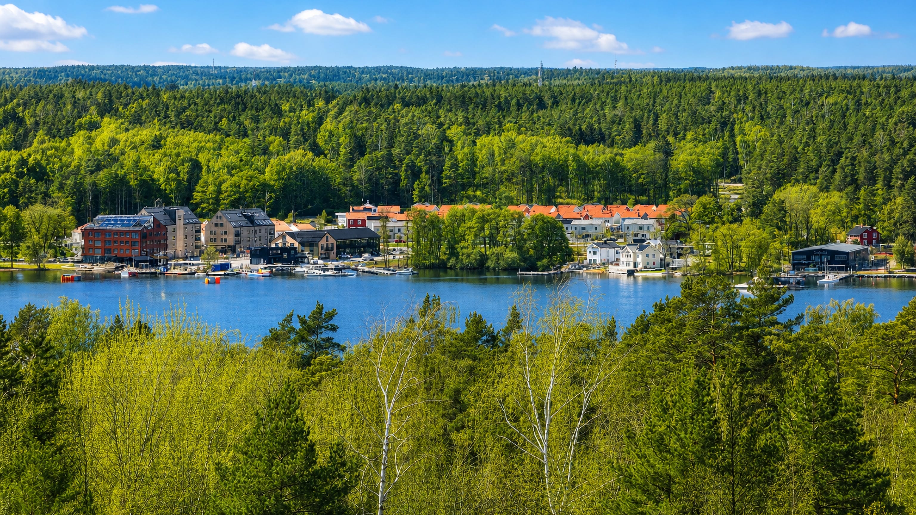 Lakeside village of Ekero, Sweden, with red-roofed houses along the shore framed by green trees