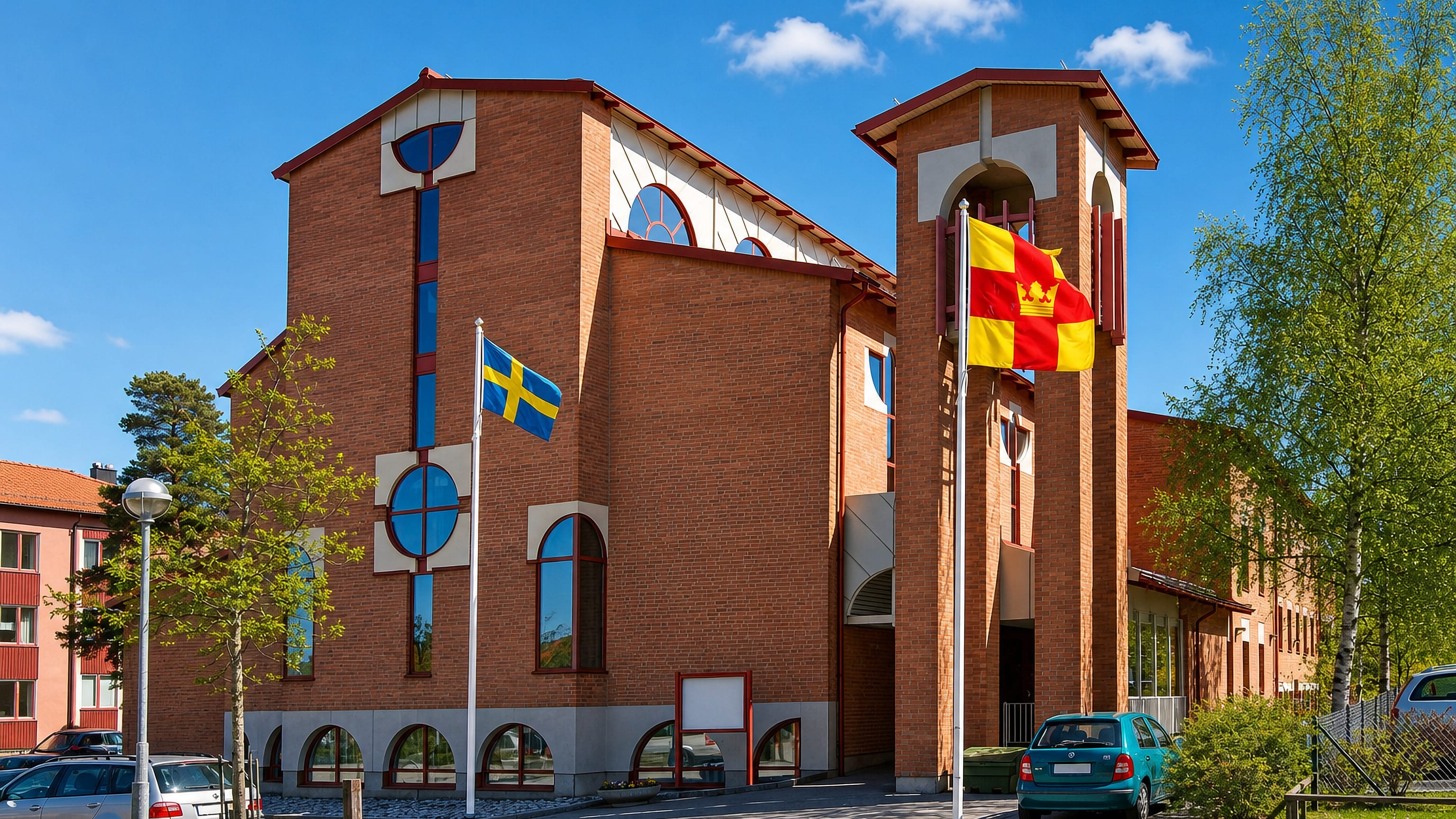 Red-brick civic building with a Swedish flag and clear blue sky in Haninge, Stockholm County