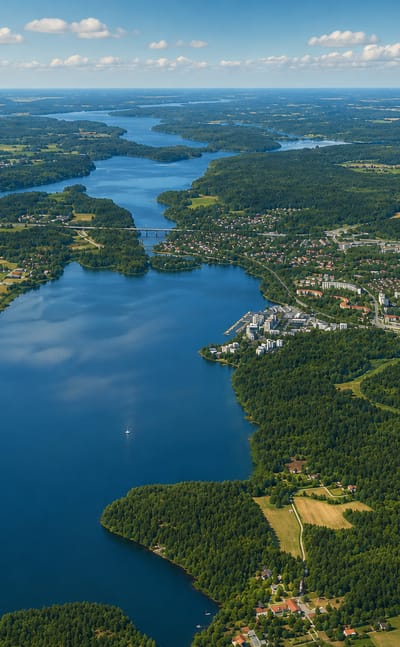 High aerial over lakes and forest near Kungsangen, Sweden, with a town clustered along the far shore.