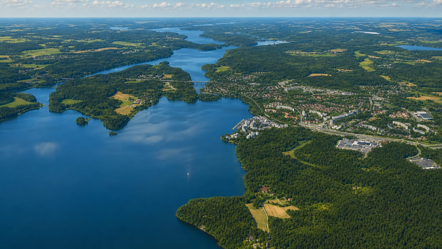 High aerial over lakes and forest near Kungsangen, Sweden, with a town clustered along the far shore.