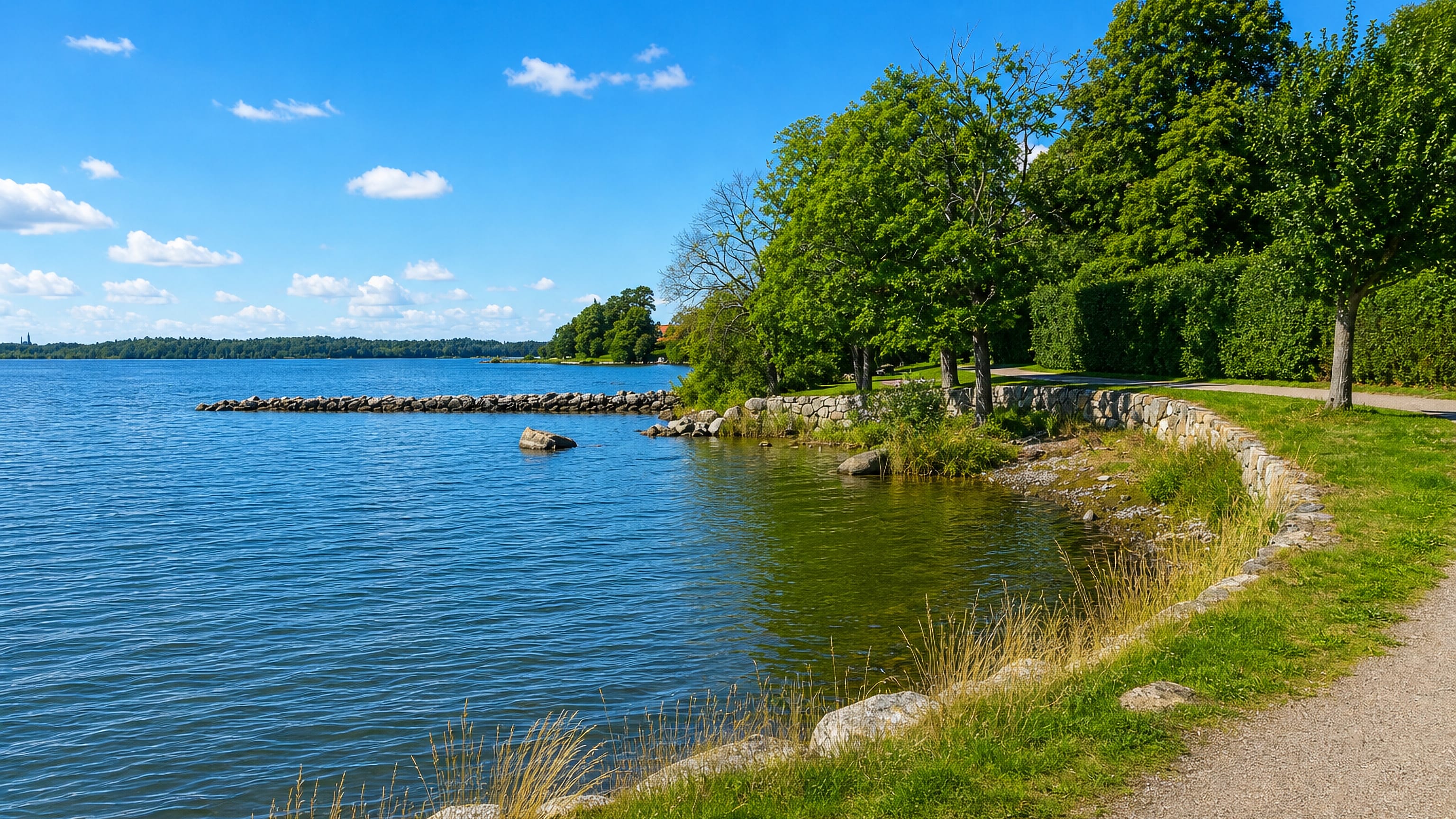 Waterside gravel path and stone revetment at Mölna on Lidingö, with leafy trees along the shore.