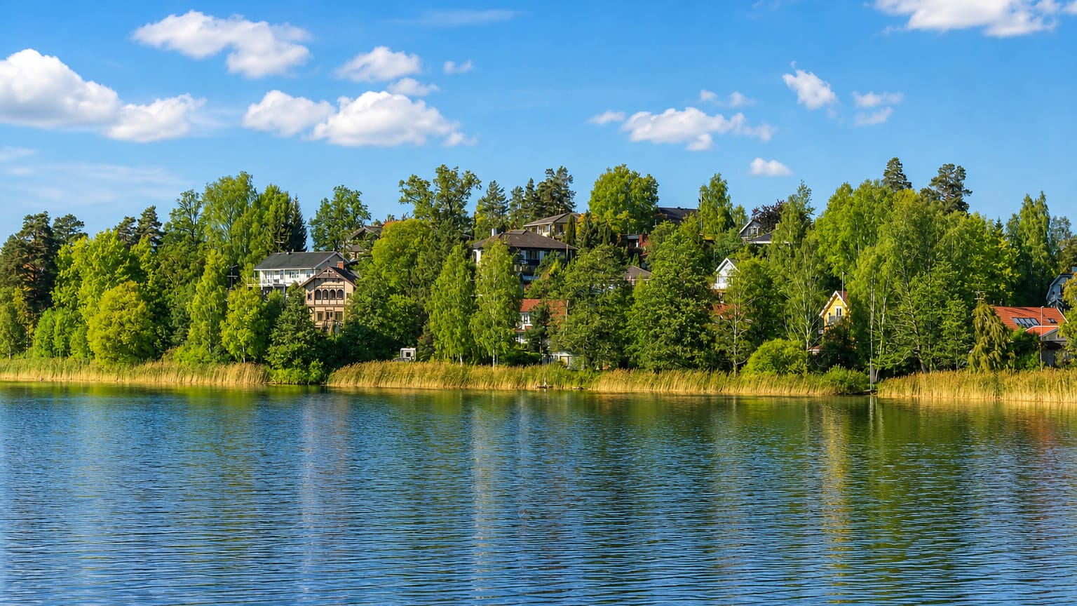 Lakeside villas set among trees reflected in calm water at Ronninge in Stockholm County, Sweden.