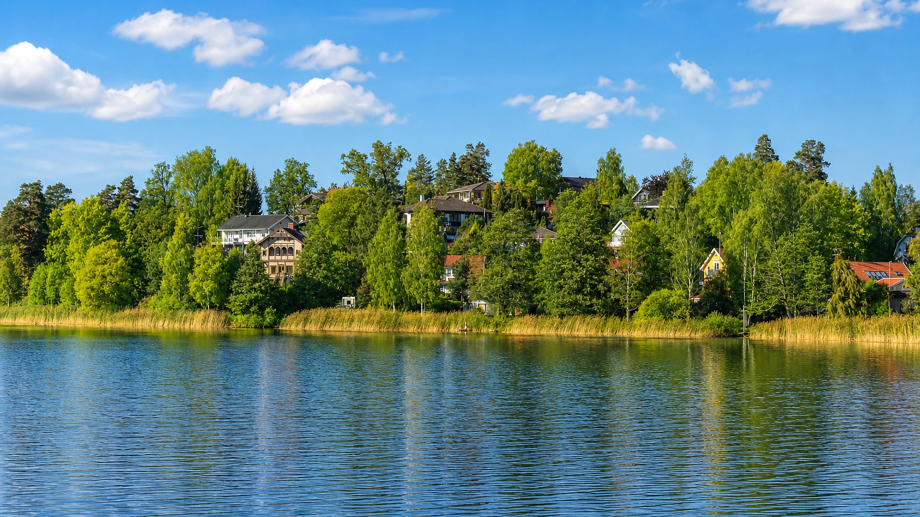Lakeside villas set among trees reflected in calm water at Ronninge in Stockholm County, Sweden.
