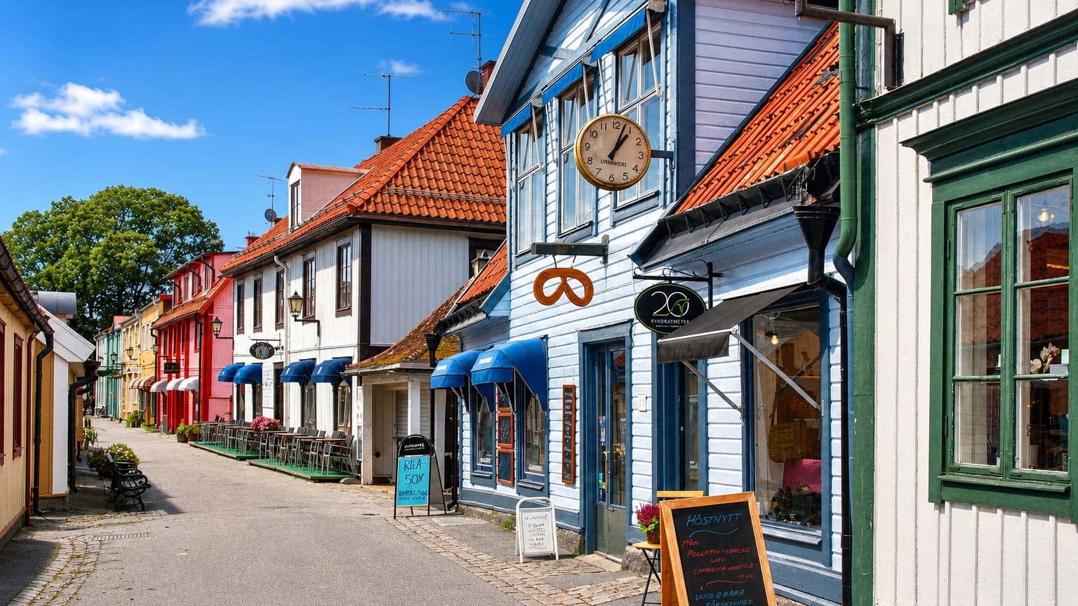 Colorful old wooden shops and houses along Sigtuna's historic cobbled main street, Stora Gatan, under a blue sky.