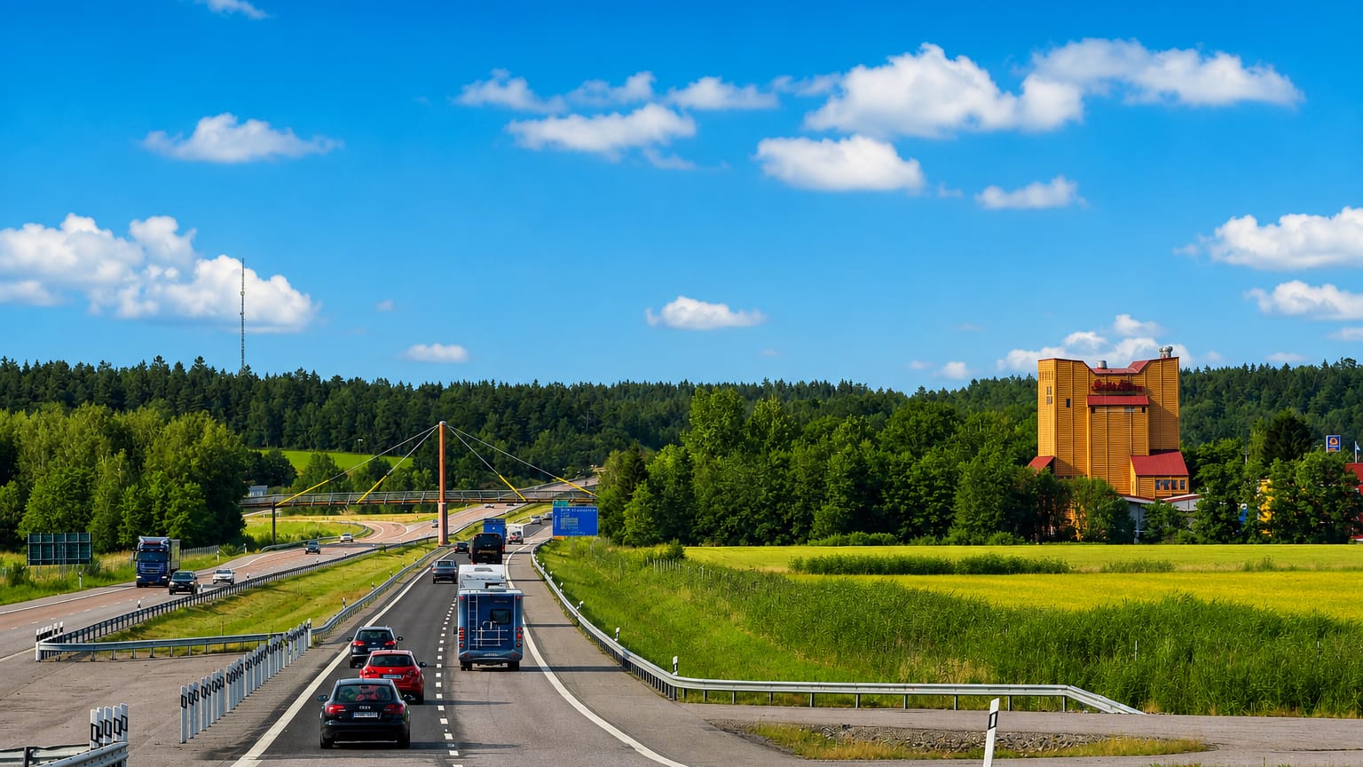 A motorway leads past farmland toward Södertälje, Sweden, with a tall orange grain silo beside green fields.