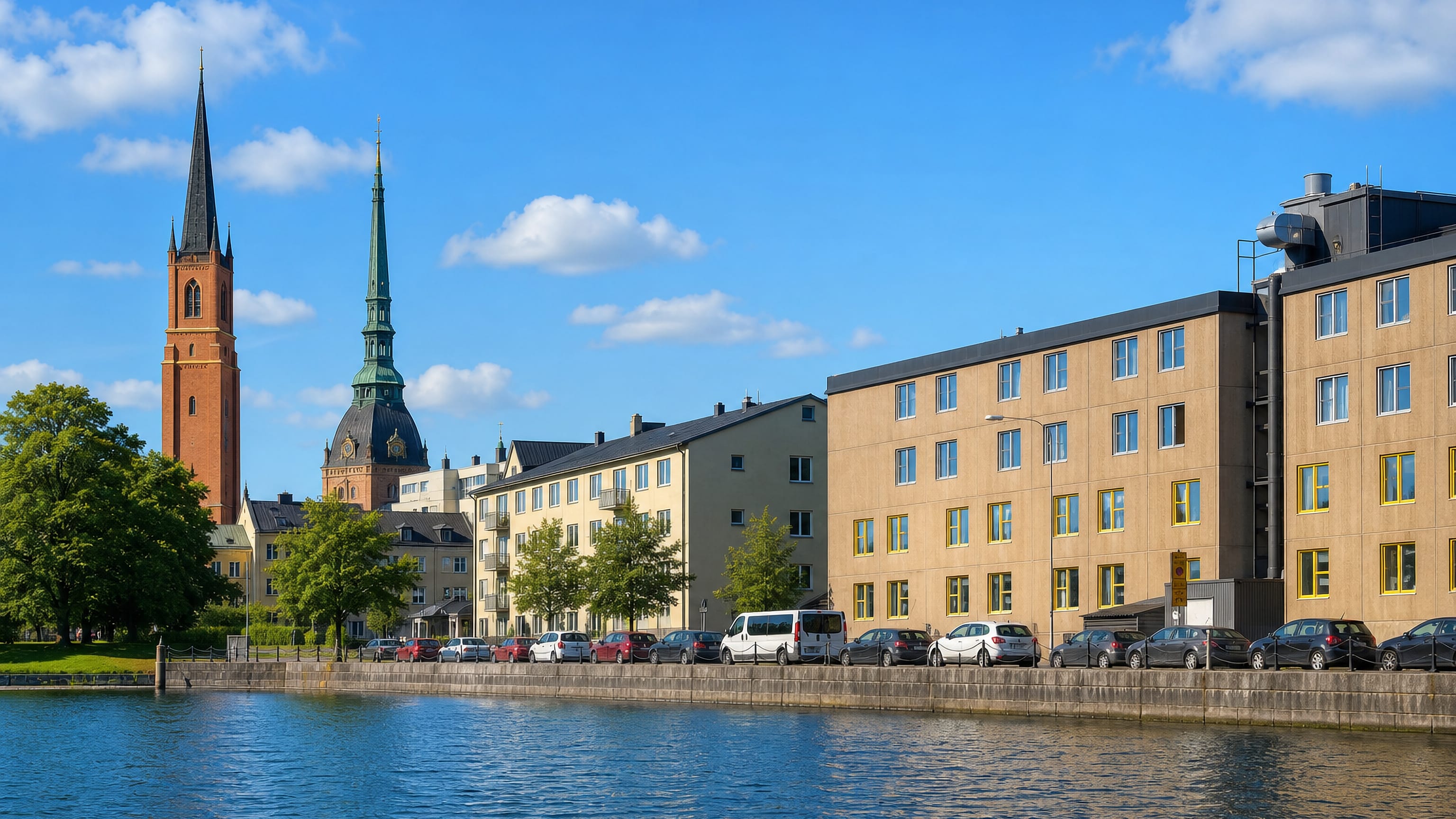 Waterfront quay at Kungshamra in Solna, with parked cars below pale apartment blocks and two church spires.