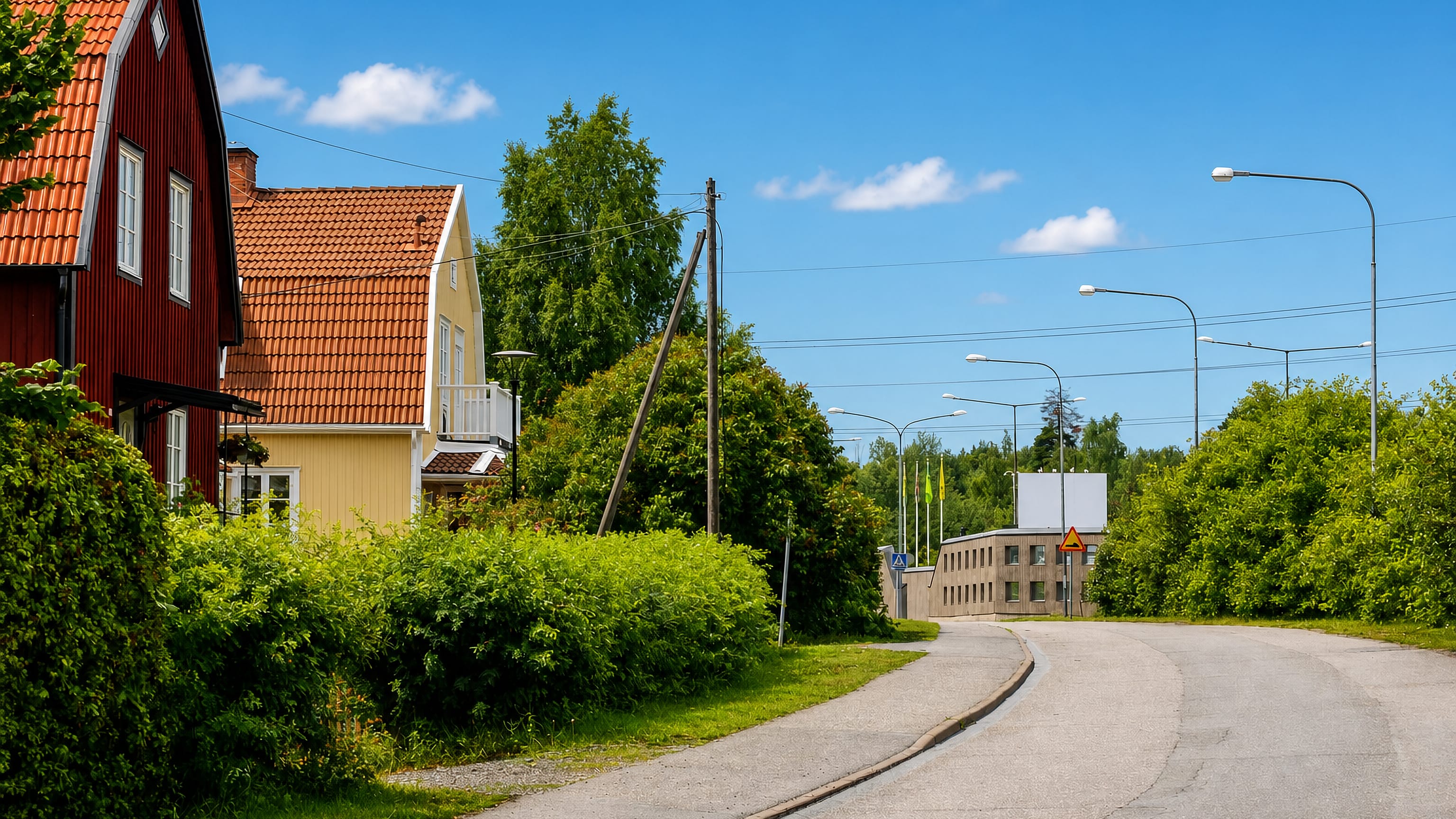 Curving suburban street in Råstahem, Solna, lined with red and yellow wooden houses and hedges.