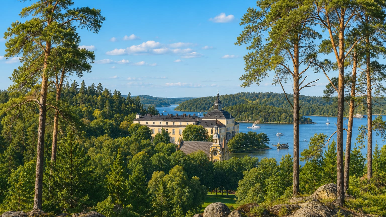 Ulriksdals slott, a yellow baroque royal palace on Edsviken bay, framed by tall pines and lush forest under a blue summer sky.