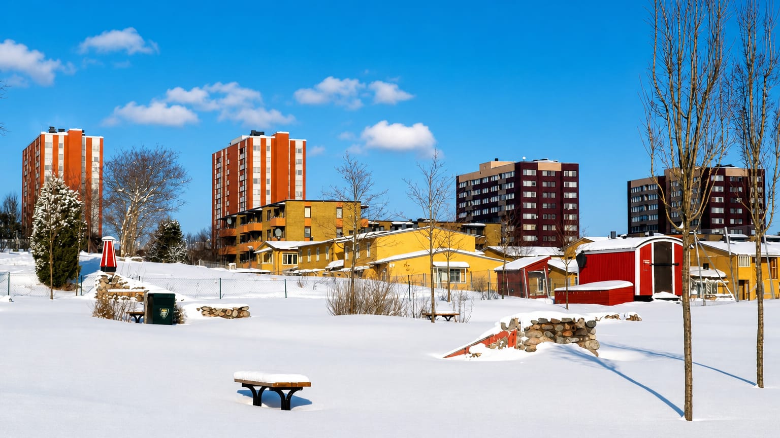 Snow-covered field in Akalla, Stockholm, bordered by red and brown high-rise apartment towers under a clear winter sky.
