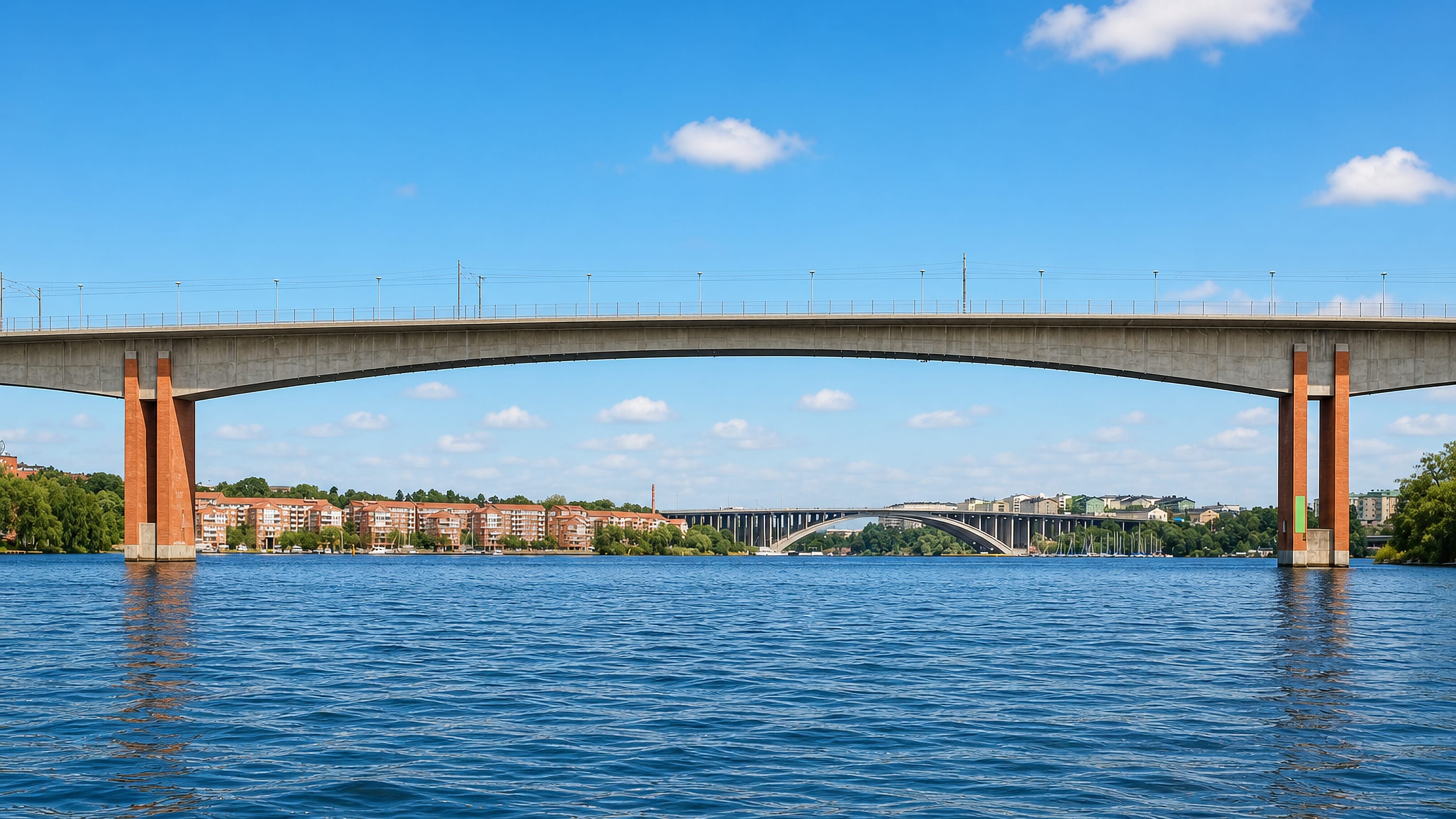 Bridges spanning the water toward brick waterfront apartment blocks at Alvik in Stockholm.