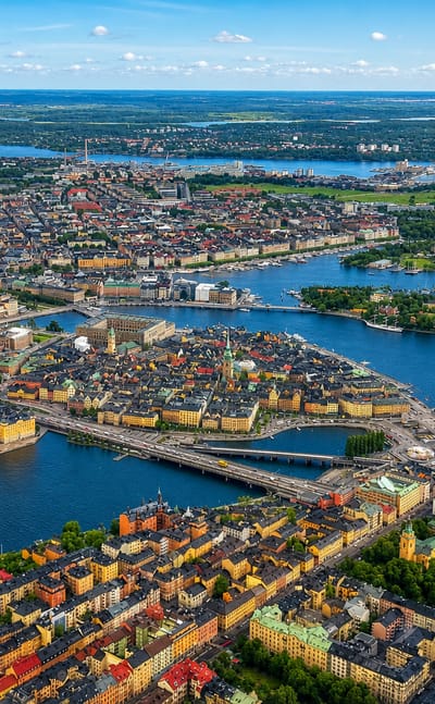 Aerial view of Gamla Stan's terracotta old-town islands, bridges and the blue waterways of central Stockholm.