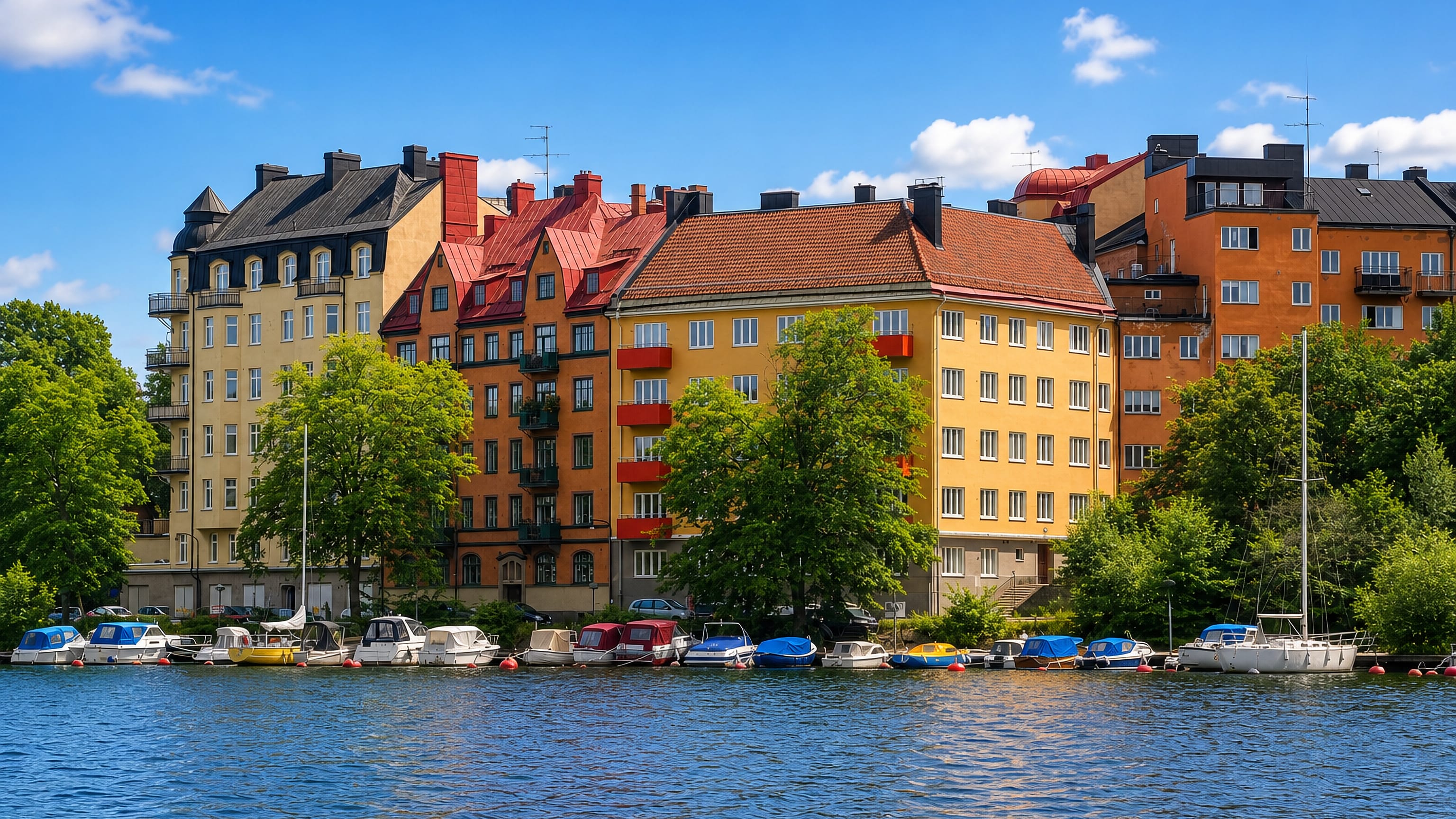 Colourful early-20th-century apartment blocks and moored boats along the water in Gröndal, Stockholm.