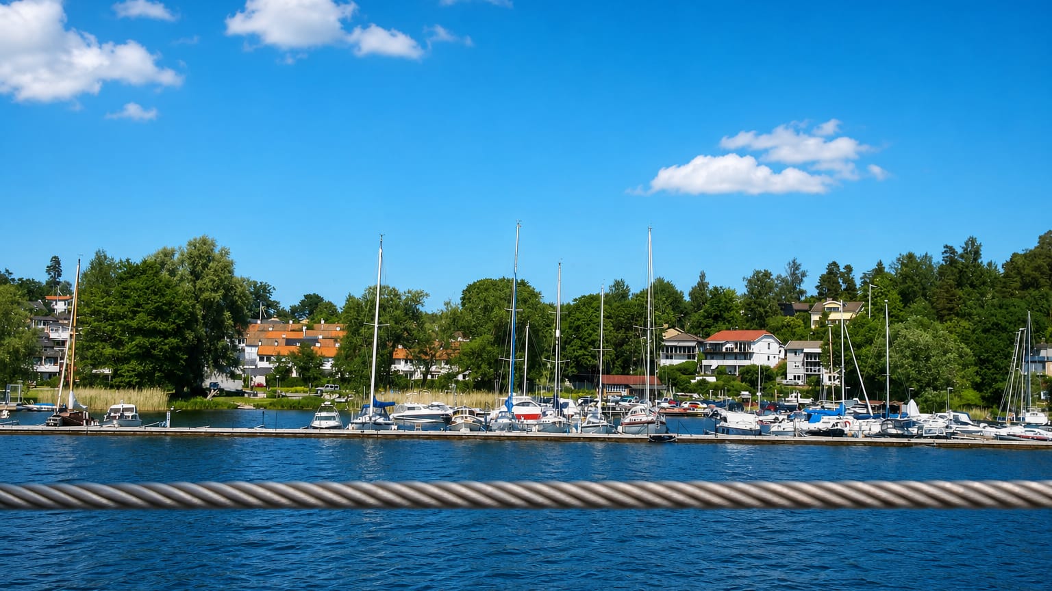 Sailboat marina on Lake Mälaren backed by red-roofed villas and leafy shoreline at Hässelby Villastad, Stockholm.