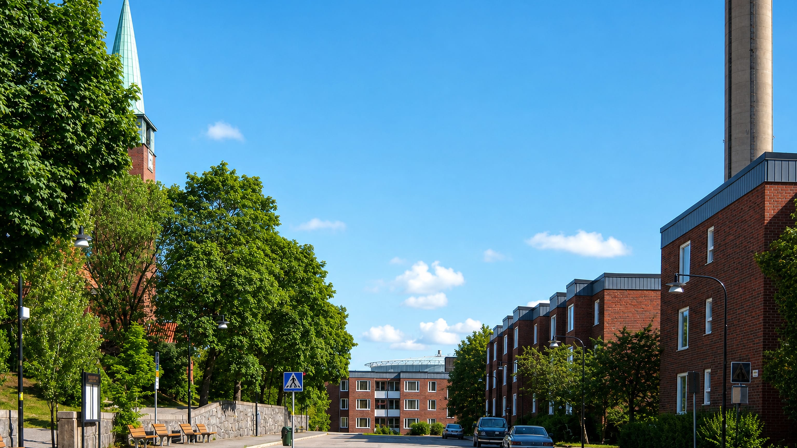 Hjorthagen in Stockholm: the church's green copper spire above red-brick apartment blocks on a sunlit street.
