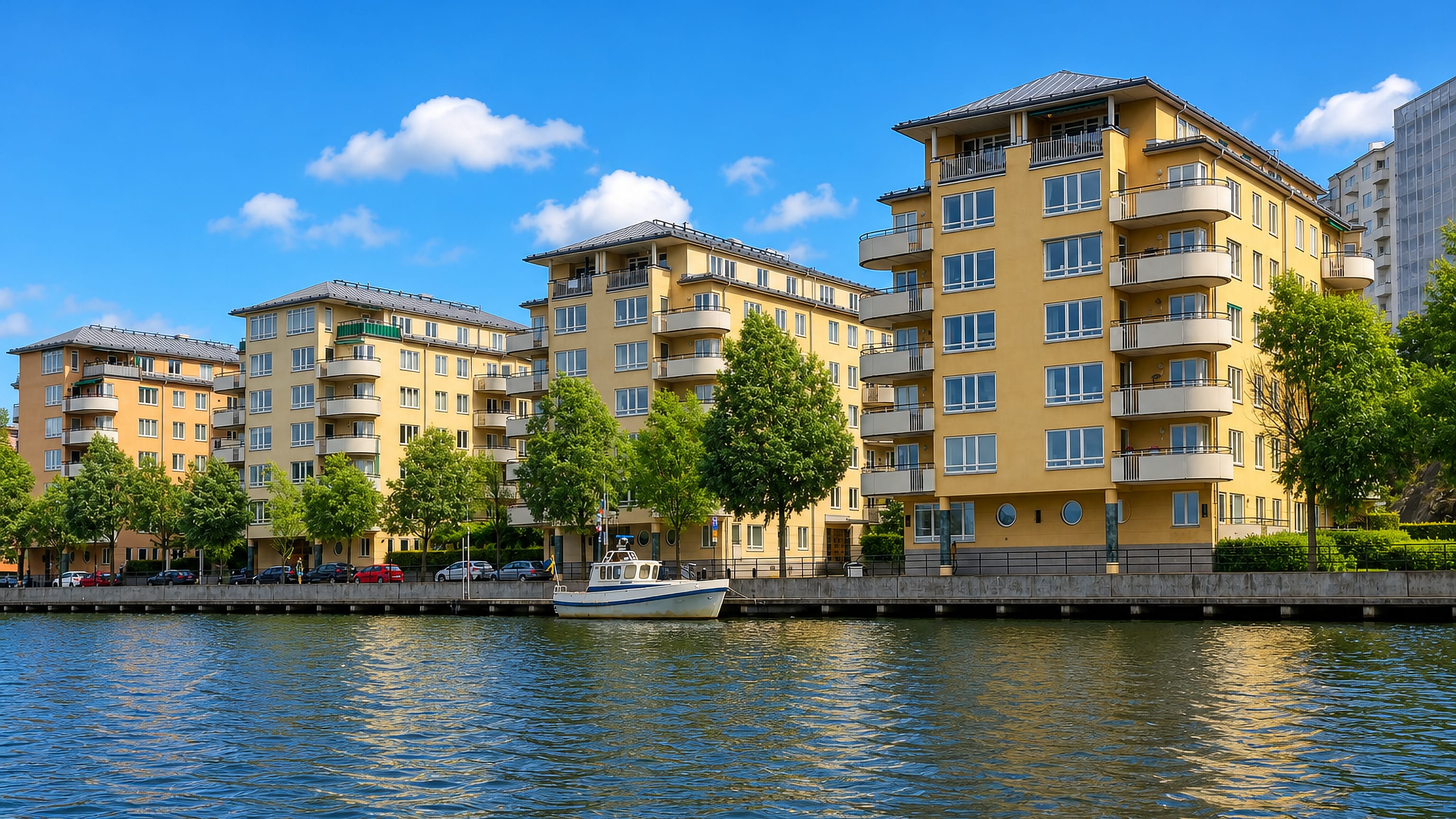 Yellow waterfront apartment blocks along the quay at Kristineberg, Stockholm, with a boat moored.