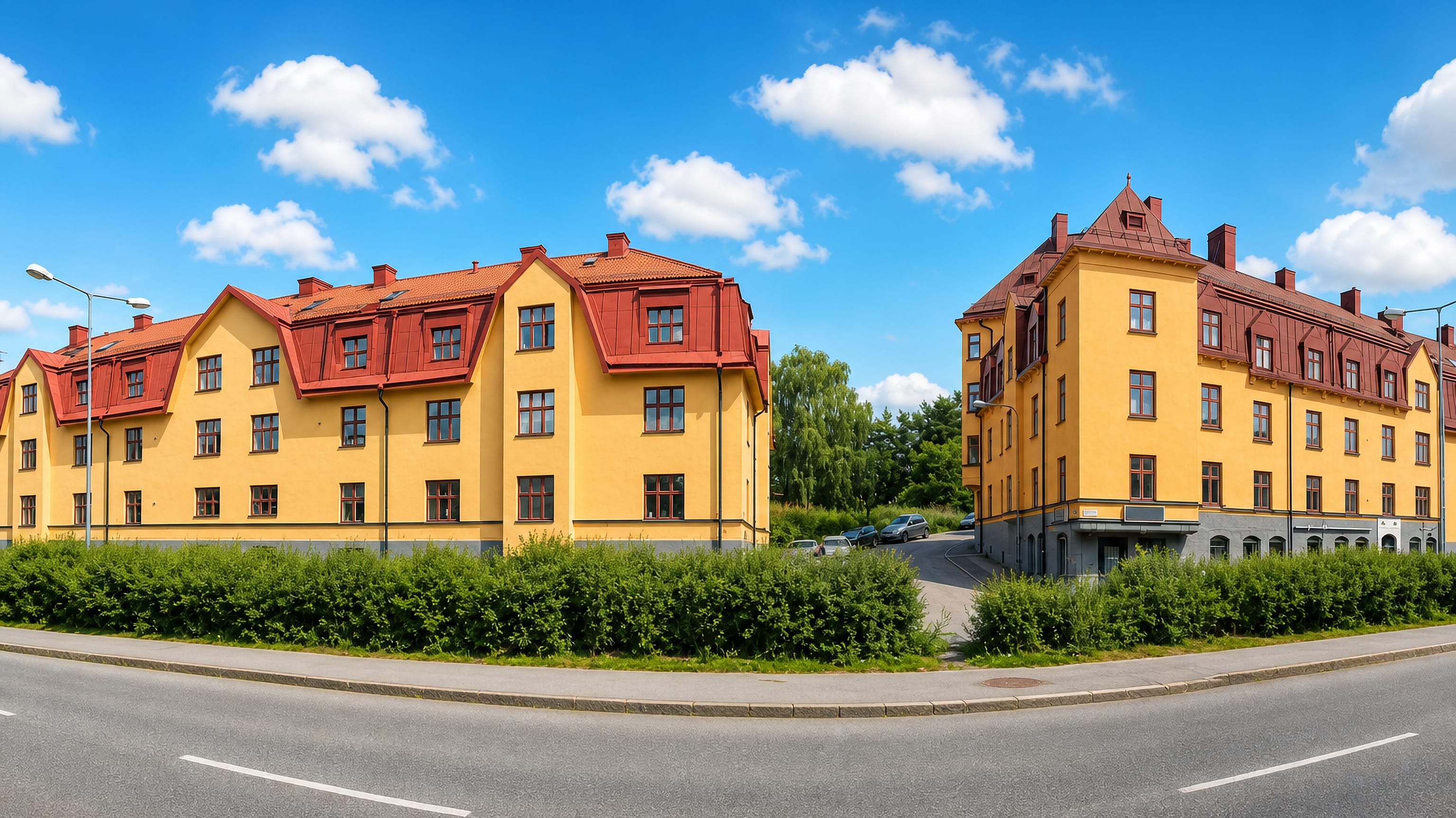 Yellow 1930s apartment blocks with red tiled roofs on a street corner in Midsommarkransen, Stockholm.