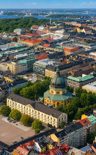 Aerial daytime view over Östermalm, Stockholm, dense stone apartment blocks with copper roofs around a green-domed church near the water.