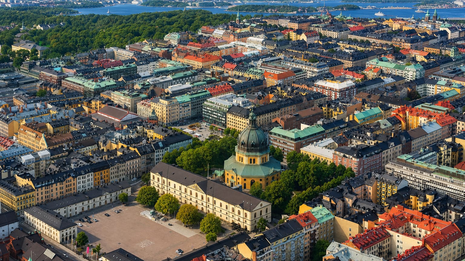 Aerial daytime view over Östermalm, Stockholm, dense stone apartment blocks with copper roofs around a green-domed church near the water.