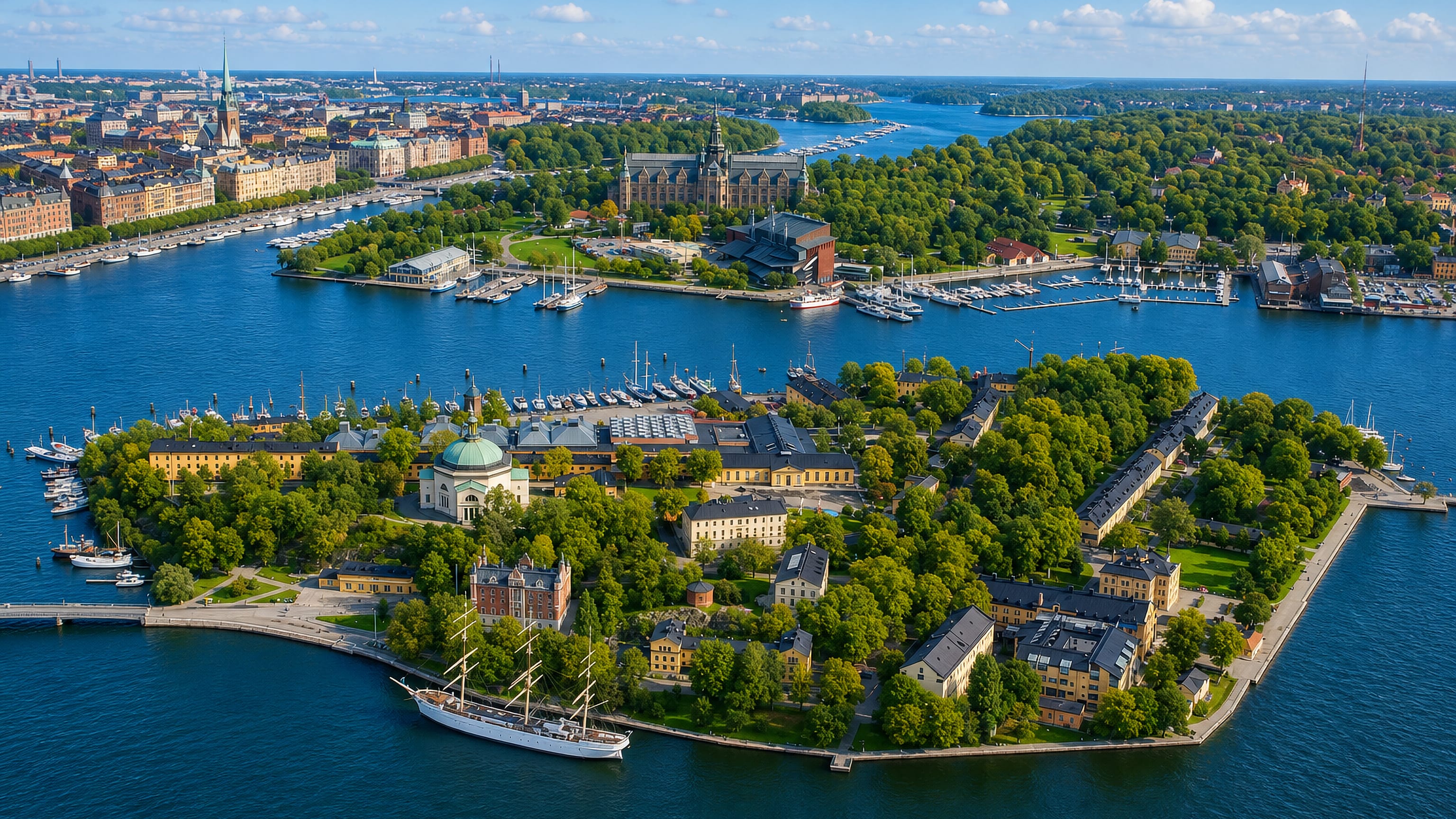 Aerial view of Skeppsholmen, Stockholm, its island buildings, domed church and moored sailing ship.