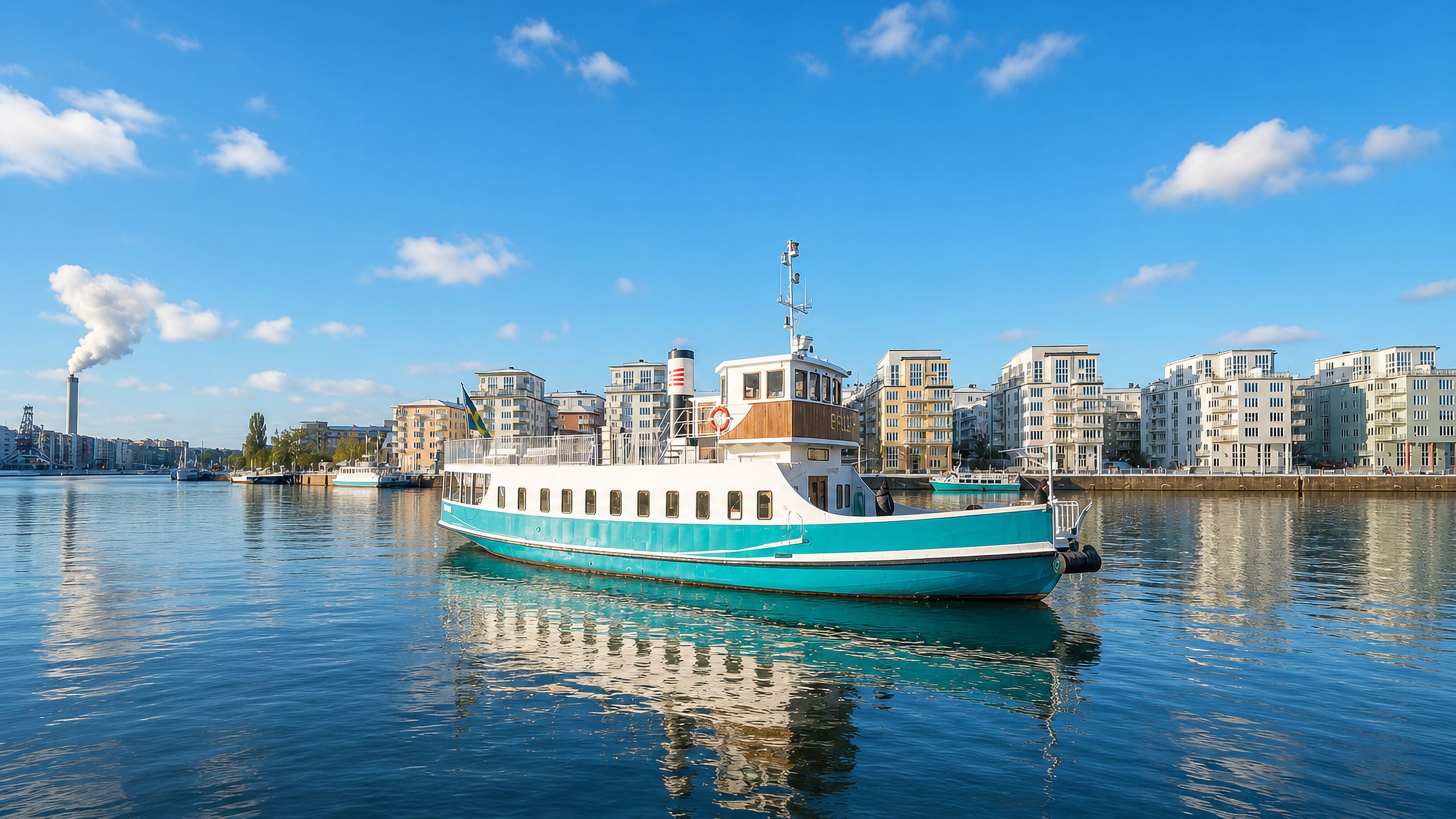Classic steamboat on the water at Södra Hammarbyhamnen, Stockholm, before the waterfront apartments of Hammarby Sjöstad.
