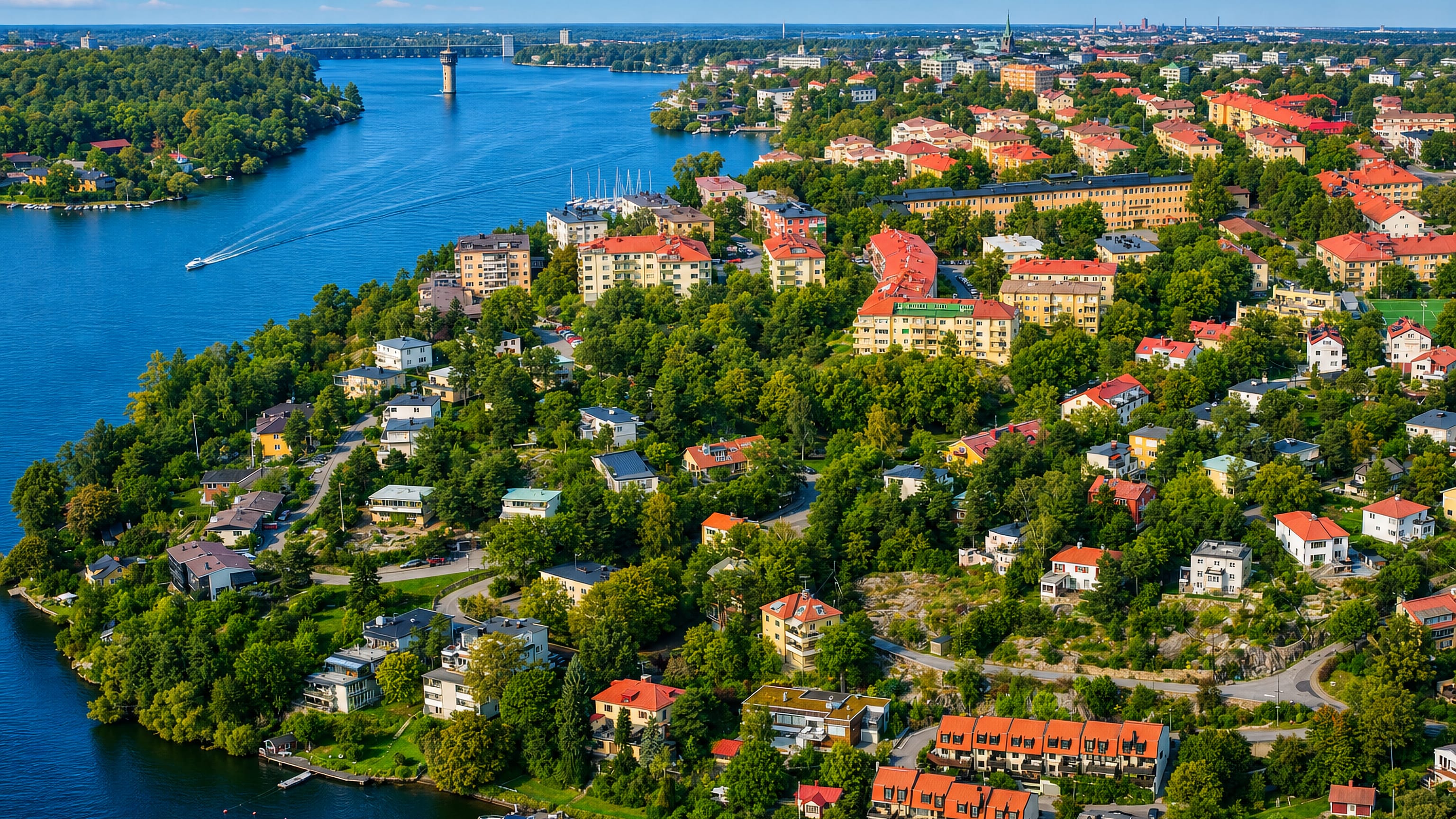 Aerial view of Stora Essingen's villas and waterfront apartment blocks on their green island in Stockholm