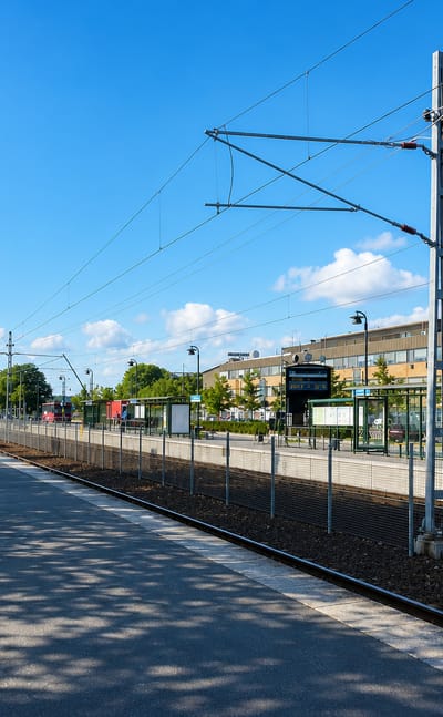 Light-rail platform with overhead catenary and a Vallentuna station sign under a bright sky, Vallentuna, Sweden