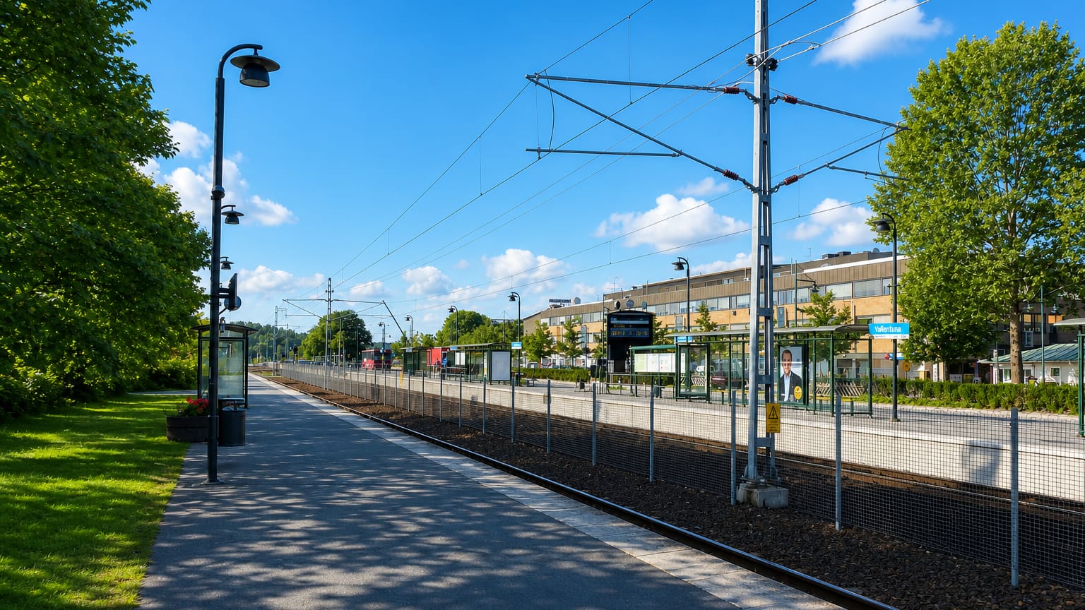 Light-rail platform with overhead catenary and a Vallentuna station sign under a bright sky, Vallentuna, Sweden
