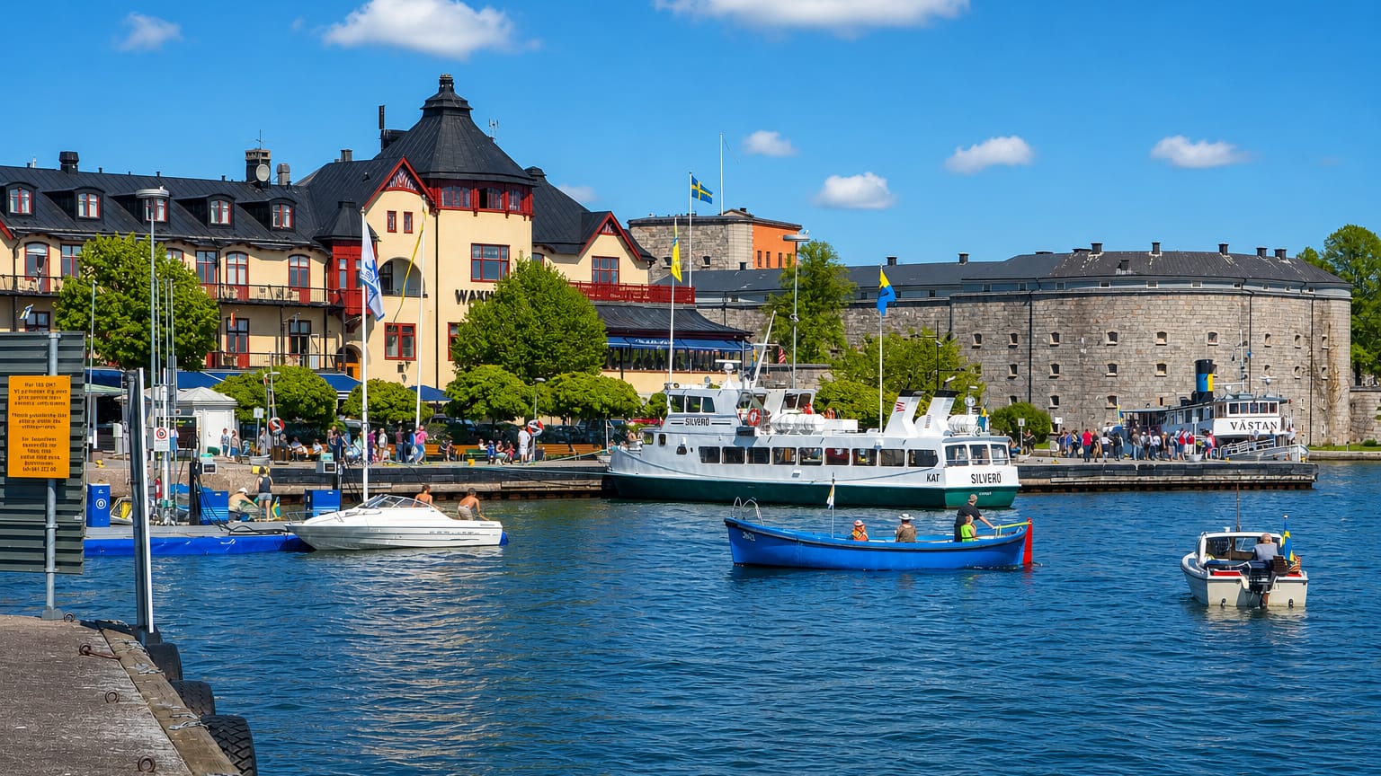 Vaxholm waterfront with the Waxholms Hotell, the round Vaxholm Fortress tower and a passenger ferry at the quay