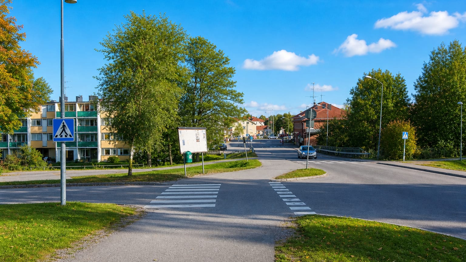 A road junction with a pedestrian crossing, yellow apartment block and birch trees in Heby, Sweden.
