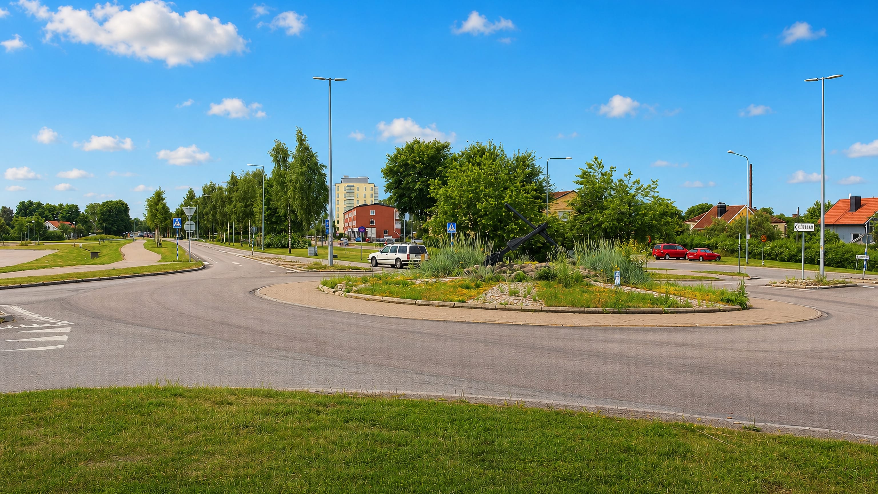 Landscaped roundabout and streets with low buildings and an apartment block in Skutskär, Uppsala County.